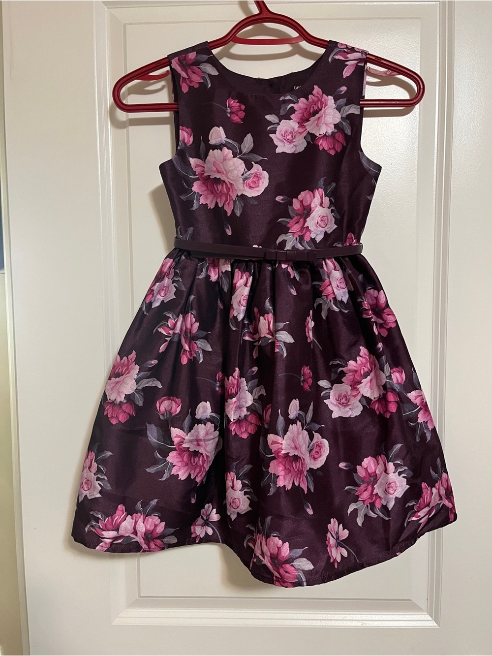 George Dark Plum Floral Fit-and-Flare Dress with Pink Blooms